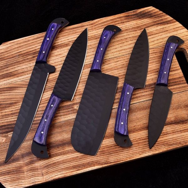 A classic handmade purple handle kitchen set Hand Forged J2 Steel Powder Coated