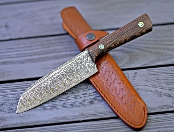 handforged Santoku damascus steel knife with leather cover