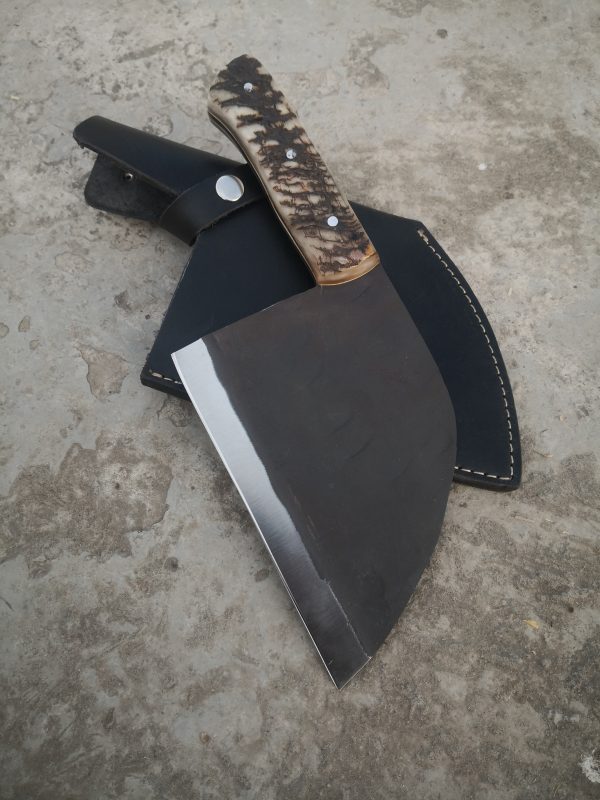 Ram horn handle chopping cleaver with black cover