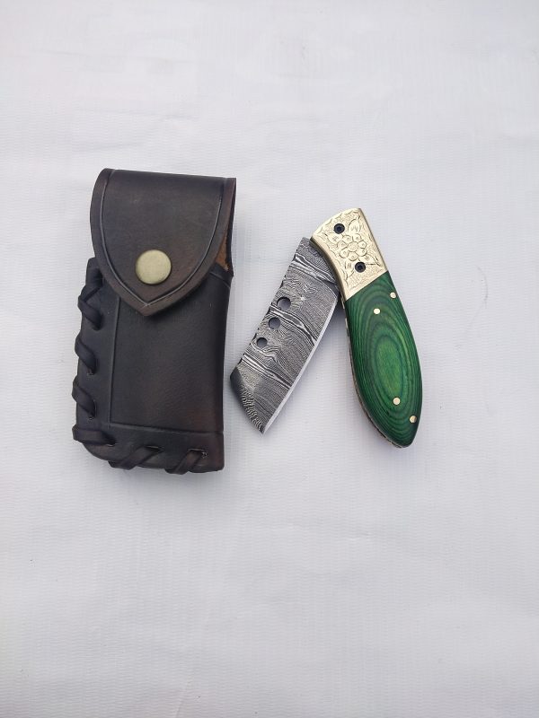 GREEN HANDLE DAMASCUS FOLDING POCKET KNIFE WITH POUCH 