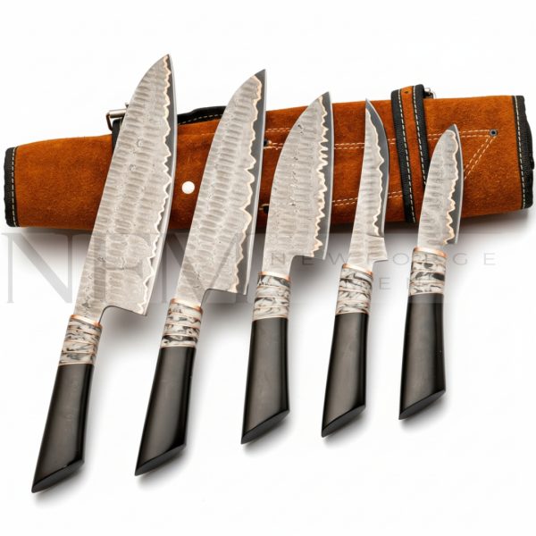 Copper Damascus Steel kitchen set of 5 pieces with leather roll
